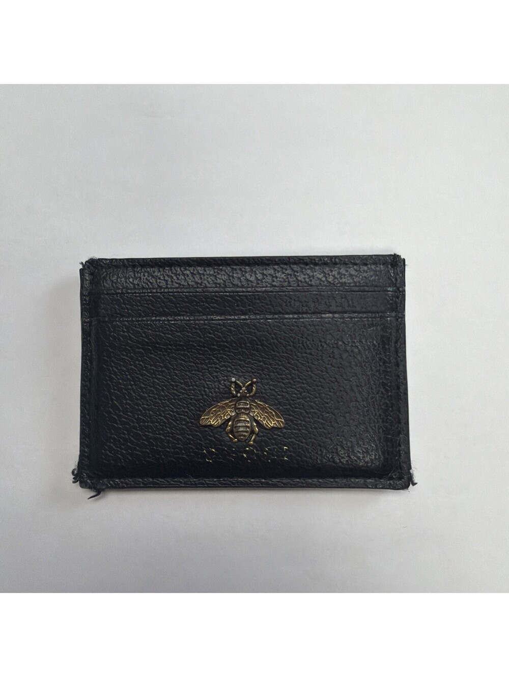 Auth Gucci Black Leather Card Holder Solid Pattern Gold Bee Logo Theme Italy